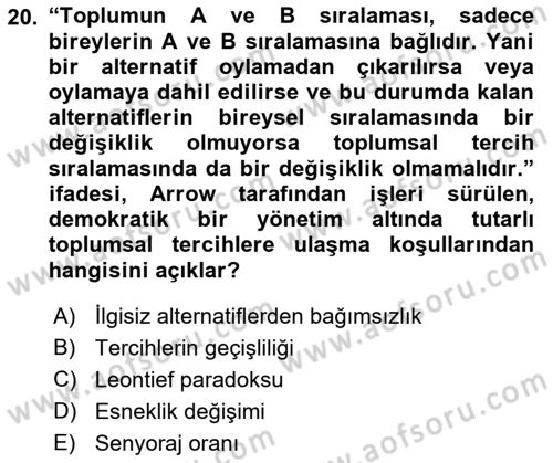 Kamu Ekonomisi 2 Dersi 2018 - 2019 Yılı (Final) Dönem Sonu Sınavı 20. Soru