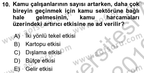 Kamu Ekonomisi 2 Dersi 2018 - 2019 Yılı Yaz Okulu Sınav Soruları 10. Soru