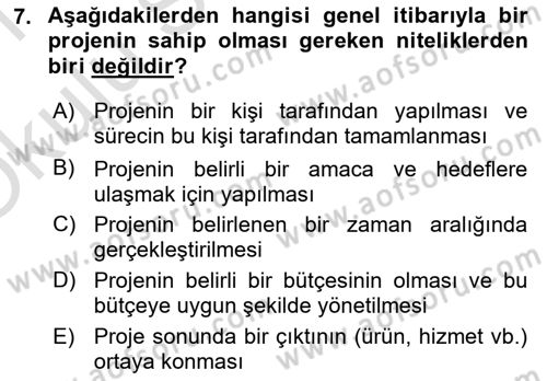 Sosyal Bilimlerde Proje Yönetimi Dersi 2020 - 2021 Yılı Yaz Okulu Sınav Soruları 7. Soru