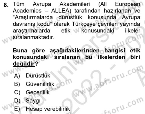 Sosyal Bilimlerde Proje Yönetimi Dersi 2022 - 2023 Yılı (Vize) Ara Sınav Soruları 8. Soru