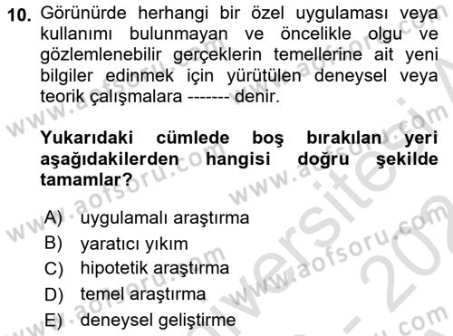 Sosyal Bilimlerde Proje Yönetimi Dersi 2023 - 2024 Yılı (Vize) Ara Sınav Soruları 10. Soru