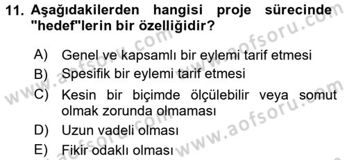 Sosyal Bilimlerde Proje Yönetimi Dersi 2023 - 2024 Yılı Yaz Okulu Sınav Soruları 11. Soru