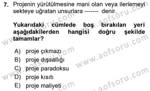 Sosyal Bilimlerde Proje Yönetimi Dersi 2023 - 2024 Yılı Yaz Okulu Sınav Soruları 7. Soru