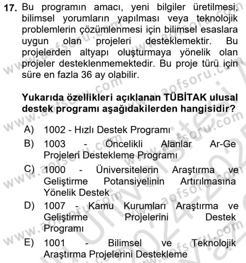 Sosyal Bilimlerde Proje Yönetimi Dersi 2024 - 2025 Yılı Yaz Okulu Sınav Soruları 17. Soru