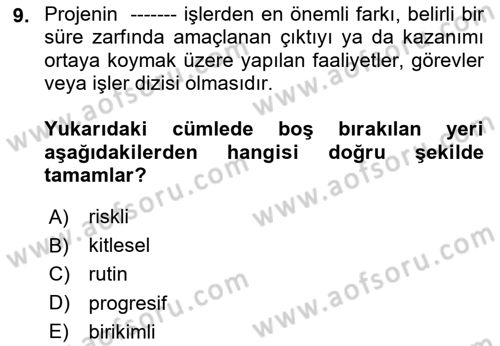 Sosyal Bilimlerde Proje Yönetimi Dersi 2024 - 2025 Yılı Yaz Okulu Sınav Soruları 9. Soru