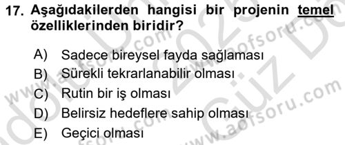 Sosyal Bilimlerde Proje Yönetimi Dersi 2025 - 2026 Yılı (Vize) Ara Sınav Soruları 17. Soru