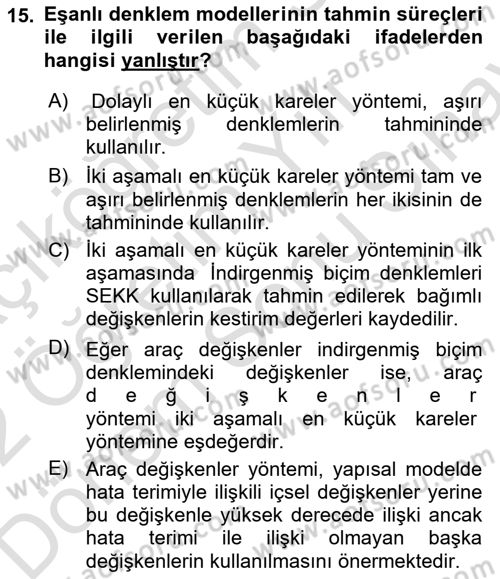 Ekonometrinin temelleri Dersi 2021 - 2022 Yılı (Final) Dönem Sonu Sınav Soruları 15. Soru