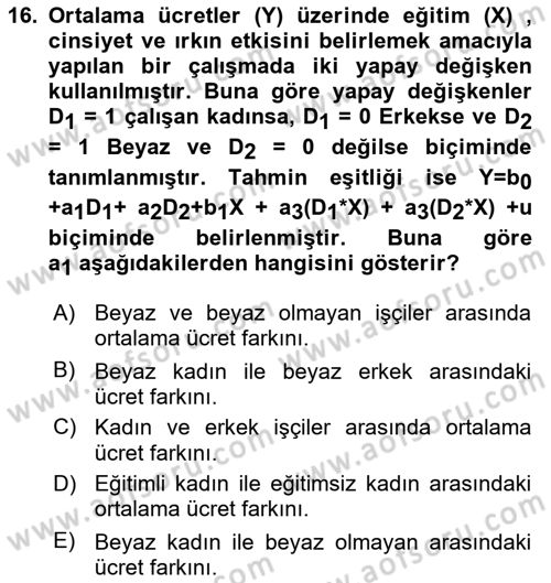 Ekonometrinin temelleri Dersi 2021 - 2022 Yılı (Final) Dönem Sonu Sınav Soruları 16. Soru