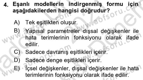 Ekonometrinin temelleri Dersi 2021 - 2022 Yılı (Final) Dönem Sonu Sınav Soruları 4. Soru