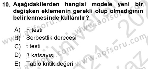 Ekonometrinin temelleri Dersi 2021 - 2022 Yılı Yaz Okulu Sınav Soruları 10. Soru