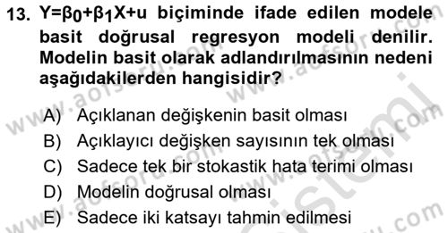 Ekonometrinin temelleri Dersi 2021 - 2022 Yılı Yaz Okulu Sınavı 13. Soru