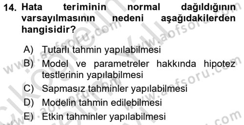 Ekonometrinin temelleri Dersi 2021 - 2022 Yılı Yaz Okulu Sınav Soruları 14. Soru