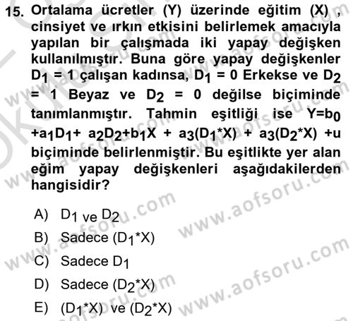 Ekonometrinin temelleri Dersi 2021 - 2022 Yılı Yaz Okulu Sınav Soruları 15. Soru