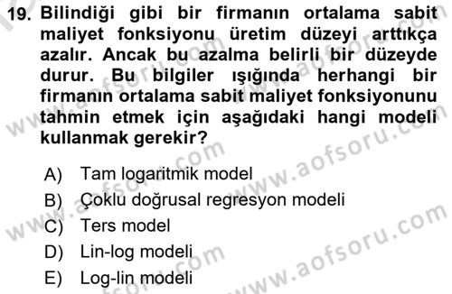 Ekonometrinin temelleri Dersi 2021 - 2022 Yılı Yaz Okulu Sınav Soruları 19. Soru