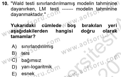 Ekonometrinin temelleri Dersi 2022 - 2023 Yılı Yaz Okulu Sınav Soruları 10. Soru