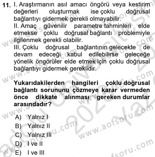 Ekonometrinin temelleri Dersi 2023 - 2024 Yılı Yaz Okulu Sınav Soruları 11. Soru