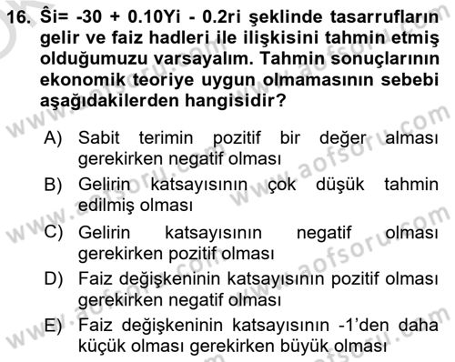Ekonometrinin temelleri Dersi 2023 - 2024 Yılı Yaz Okulu Sınav Soruları 16. Soru