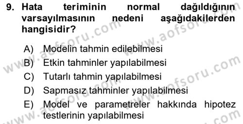 Ekonometrinin temelleri Dersi 2023 - 2024 Yılı Yaz Okulu Sınav Soruları 9. Soru