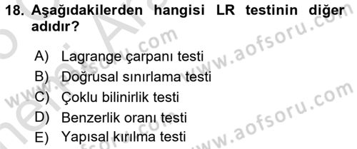 Ekonometrinin temelleri Dersi 2024 - 2025 Yılı (Vize) Ara Sınav Soruları 18. Soru