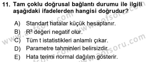 Ekonometrinin temelleri Dersi 2024 - 2025 Yılı (Final) Dönem Sonu Sınav Soruları 11. Soru