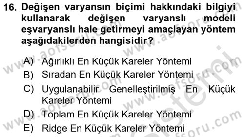 Ekonometrinin temelleri Dersi 2024 - 2025 Yılı (Final) Dönem Sonu Sınav Soruları 16. Soru