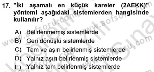 Ekonometrinin temelleri Dersi 2024 - 2025 Yılı (Final) Dönem Sonu Sınav Soruları 17. Soru