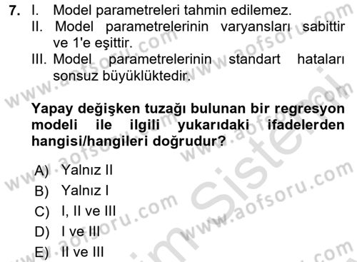 Ekonometrinin temelleri Dersi 2024 - 2025 Yılı (Final) Dönem Sonu Sınav Soruları 7. Soru