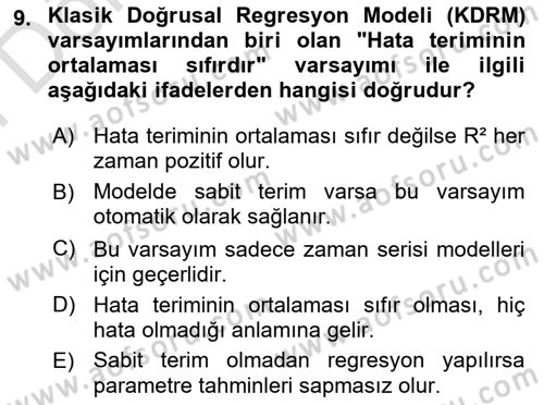 Ekonometrinin temelleri Dersi 2024 - 2025 Yılı (Final) Dönem Sonu Sınav Soruları 9. Soru