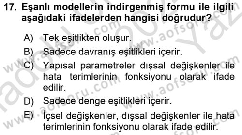 Ekonometrinin temelleri Dersi 2024 - 2025 Yılı Yaz Okulu Sınav Soruları 17. Soru