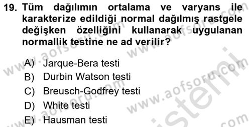 Ekonometrinin temelleri Dersi 2024 - 2025 Yılı Yaz Okulu Sınav Soruları 19. Soru