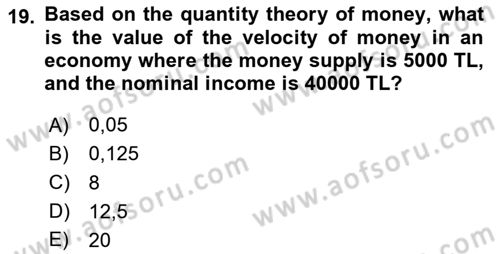 Monetary Theory and Policy Dersi 2023 - 2024 Yılı Yaz Okulu Sınav Soruları 19. Soru