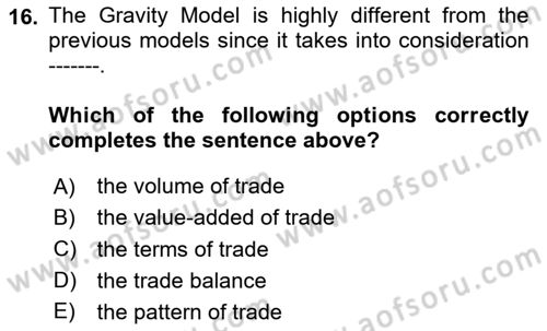 International Economics 1 Dersi 2024 - 2025 Yılı (Vize) Ara Sınav Soruları 16. Soru