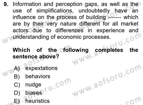 Behavioral Economics Dersi 2024 - 2025 Yılı (Vize) Ara Sınav Soruları 9. Soru