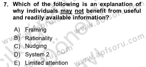 Behavioral Economics Dersi 2025 - 2026 Yılı (Final) Dönem Sonu Sınav Soruları 7. Soru