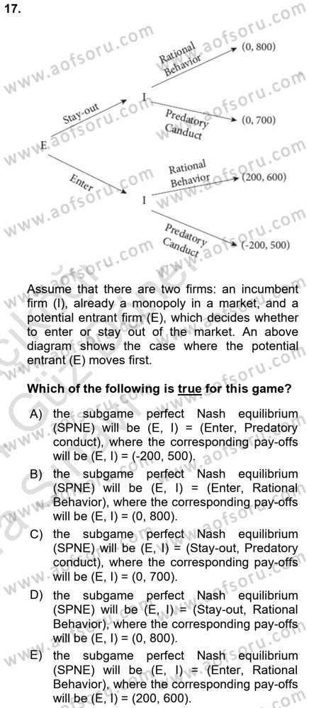 Industrial Economics Dersi 2023 - 2024 Yılı (Vize) Ara Sınav Soruları 17. Soru