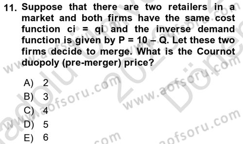 Industrial Economics Dersi 2023 - 2024 Yılı (Final) Dönem Sonu Sınav Soruları 11. Soru