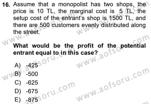 Industrial Economics Dersi 2023 - 2024 Yılı (Final) Dönem Sonu Sınav Soruları 16. Soru
