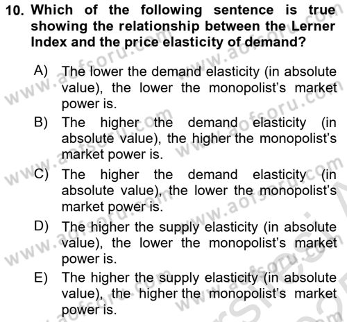 Industrial Economics Dersi Yaz Okulu Sınavı Deneme Sınav Soruları 10. Soru