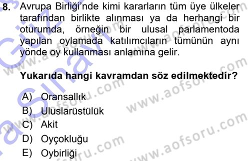 Avrupa Birliği Dersi 2015 - 2016 Yılı (Vize) Ara Sınavı 8. Soru