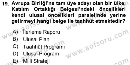 Avrupa Birliği Dersi 2015 - 2016 Yılı Tek Ders Sınavı 19. Soru