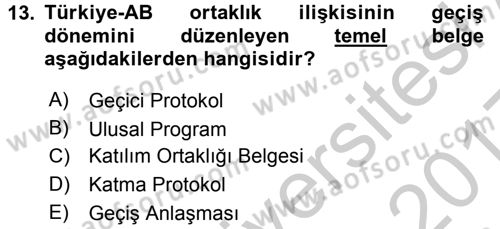 Avrupa Birliği Dersi 2016 - 2017 Yılı 3 Ders Sınavı 13. Soru