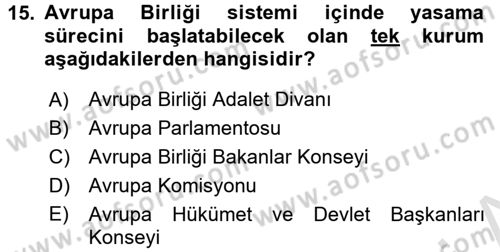 Avrupa Birliği Dersi 2016 - 2017 Yılı (Vize) Ara Sınavı 15. Soru