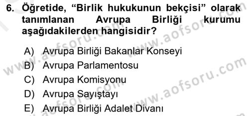 Avrupa Birliği Dersi 2016 - 2017 Yılı (Final) Dönem Sonu Sınavı 6. Soru