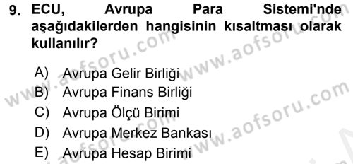 Avrupa Birliği Dersi 2016 - 2017 Yılı (Final) Dönem Sonu Sınavı 9. Soru