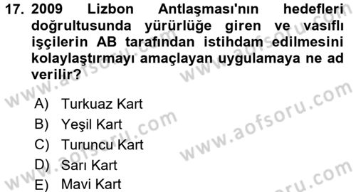 Avrupa Birliği Dersi 2017 - 2018 Yılı 3 Ders Sınavı 17. Soru