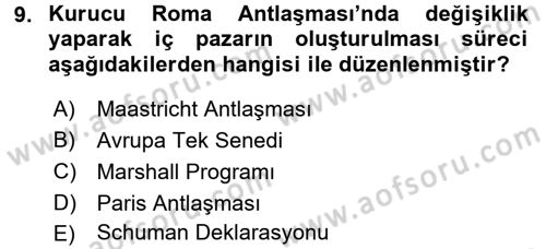 Avrupa Birliği Dersi 2017 - 2018 Yılı (Vize) Ara Sınavı 9. Soru