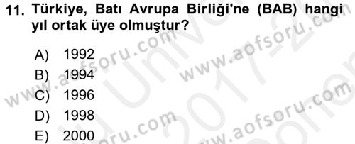 Avrupa Birliği Dersi 2017 - 2018 Yılı (Final) Dönem Sonu Sınavı 11. Soru