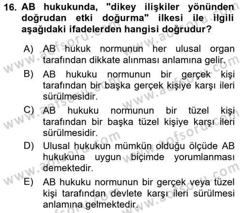 Avrupa Birliği Dersi 2019 - 2020 Yılı (Vize) Ara Sınavı 16. Soru