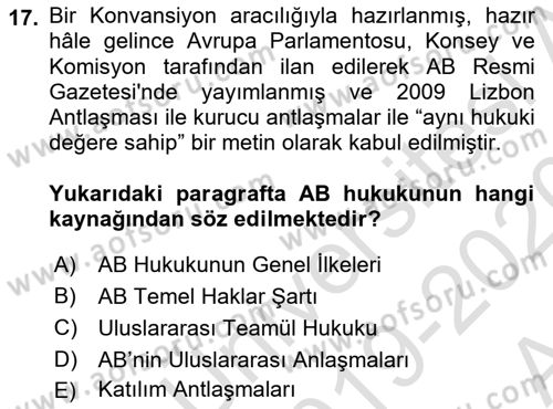 Avrupa Birliği Dersi 2019 - 2020 Yılı (Vize) Ara Sınavı 17. Soru