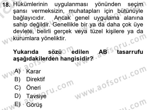 Avrupa Birliği Dersi 2019 - 2020 Yılı (Vize) Ara Sınavı 18. Soru